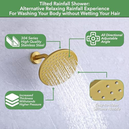 VANFOXLE Shower Faucet Set Brushed Gold Shower System, Push Button Diverter | 8 Inch Wall Mount Head, 2-in-1 Handheld Sprayer, 9 Inch Bathtub Waterfall Spout, Solid Brass Valve, Rust Resistant - color: Brushed Gold, style: 8 Inch