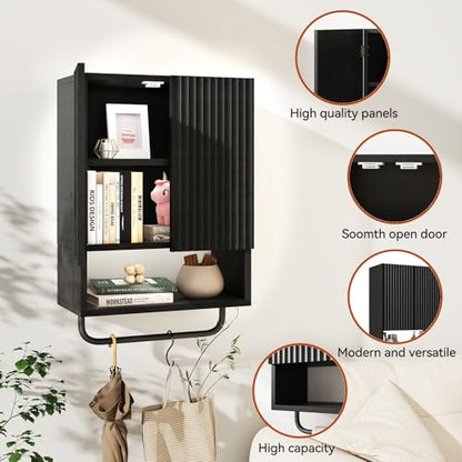 IBUYKE Bathroom Wall Cabinet Over Toilet Cabinet for Bathroom UWBS003B | with Doors and Adjustable Shelf, Towel Bar, Wall Mounted, for Laundry Room & Living Room Kitchen, Black,Modern - color: Black