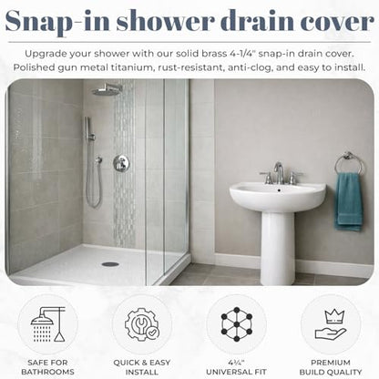 4 ¼” Polished Dark Grey Snap-in Shower Drain Cover - Replacement - 4.25" OD Strainer - Easy Install - Premium Round Shower Drain Cover - Solid Brass Construction - (Titanium/Gun Metal) - color: Polished Gun Metal/Titanium