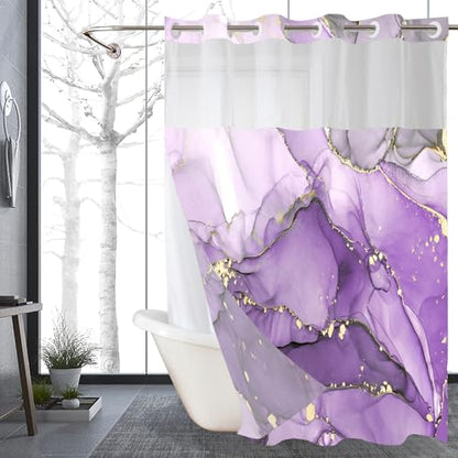 Purple Marble No Hook Shower Curtain with Snap in Liner- Luxury Marble Shower Curtains for Bathroom- Fabric Inner Liner, Modern Abstract Gold Stripes Bath Curtains- Machine Washable,71 x 74 - color: Purple Marble