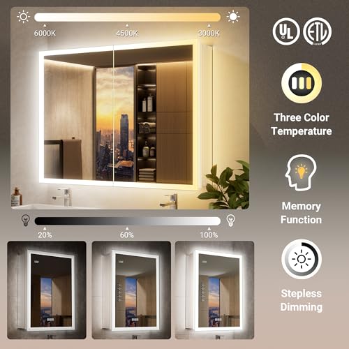 20x26 Medicine Cabinet Mirror with Double Lights & Clock, Front+Backlit Surface or Recessed Fogless Lighted Medicine Cabinet Mirror, 155°Soft-close Right Hinge,Time-Display,Outlet,Inner Light - size: 20x26'' (Right Hinge)