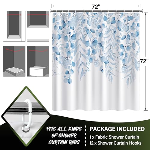 Tranquil and Comfortable Spa Blue Eucalyptus Shower Curtain, Watercolor Plant Leaves with Floral Bathroom Shower Curtain,72 x 72 Inches, Easy to Clean Waterproof Polyester Fabric Includes 12 Hooks - color: Spa Blue