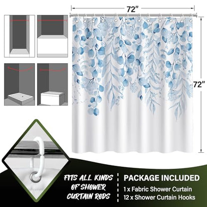 Tranquil and Comfortable Spa Blue Eucalyptus Shower Curtain, Watercolor Plant Leaves with Floral Bathroom Shower Curtain,72 x 72 Inches, Easy to Clean Waterproof Polyester Fabric Includes 12 Hooks - color: Spa Blue