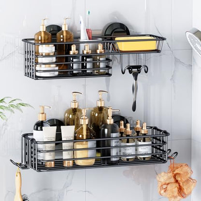 Shower Caddy Suction Cup, 2 Pack Suction Shower Shelf With Hooks | Black Shower Caddies, Soap holder, NO-Drilling Bathroom Holder, Rustproof bathroom organizer - color: 2 X Black
