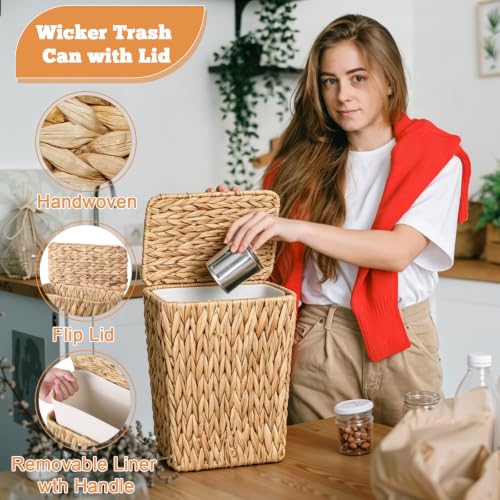 TINSKY Wicker Trash Can with Lid Boho Rattan Small Bathroom Waste Basket | 2.5 Gallon Removable Liner, Handwoven Water Hyacinth, Narrow Rattan Trash Can for Bedroom Office Kitchen Decor
