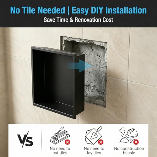 304 Stainless Steel Shower Niche 12” x 12” for Bathroom Storage | Waterproof Matte Black Recessed Shower Niche No Tile Needed with 2-Tier Shelves - size: 12 x 12 inch