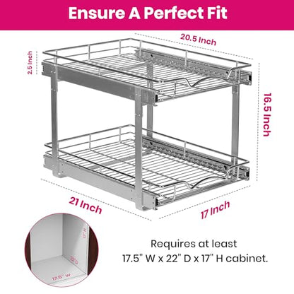 2-Tier Pull-Out Cabinet Organizer for Kitchen, 17" W x 21”D x 16.5" H | Full-Extension Sliding Shelves, Holds 100 lbs, Easy Install for Kitchen, Pantry & Under Sink Cabinets - size: 17 Inch