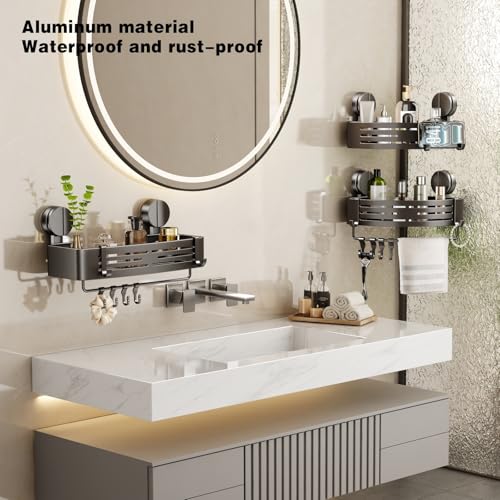 Corner Shower Caddy Suction Cup Shower Shelf Corner No Drilling Bathroom Shower Organizer Storage Rack Adhesive with Towel Bar Hooks(2-Pack, Gray)