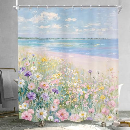 KOMLLEX Blue Ocean Beach Shower Curtain for Bathroom Decor 60Wx72H Inches Pink Ombre Oil Painting Botanical Coastal Aesthetic Wildflower Path Sea Waves Girly Fabric Waterproof Polyester 12 Pack Hooks - size: 60"W x 72"L (Pack of 1)