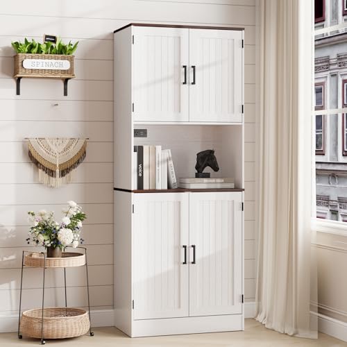 MHOM 71" Tall Pantry Cabinet with Charging Station, Farmhouse Kitchen Hutch with Adjustable Shelves, Modern Kitchen Pantry Storage Cabinet for Dinning Room & Living Room, Antique White - color: White