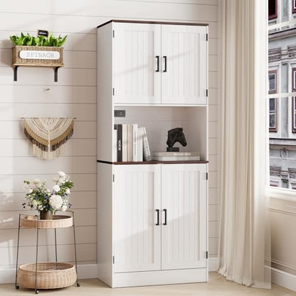 MHOM 71" Tall Pantry Cabinet with Charging Station, Farmhouse Kitchen Hutch with Adjustable Shelves, Modern Kitchen Pantry Storage Cabinet for Dinning Room & Living Room, Antique White - color: White