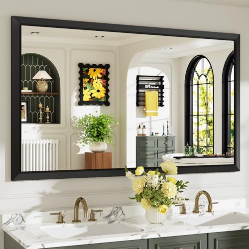 60x36 Inch Black Bathroom Mirror for Wall, Beveled Framed Rectangle Bathroom Vanity Mirrors for Over Sink, Bedroom, Living Room, Entryway, Anti-Rust, HD Tempered Glass, Horizontally/Vertically - size: 60"L x 36"W