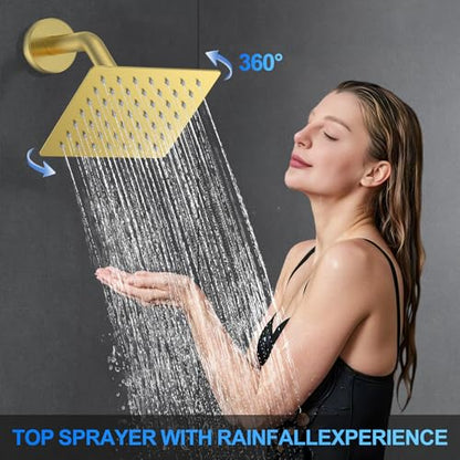 Shower Faucet Set, 12" Ceiling Mount Rainfall Shower System with 2 Rain Shower Head and Multi-function Handheld Head Push Button Diverter Shower Faucet Trim Kit (12", Brushed Gold) - color: Brushed Gold, style: 12"-Ceiling-01