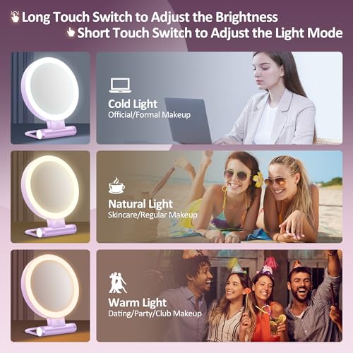 Magnifying Mirror with Light 30X, Double-Sided 1X/30X Magnifying Makeup Mirror with Tweezer, 2000mAh 3 Colour Modes with Adjustable Brightness,Foldable Travel Mirror(Purple) - color: Purple