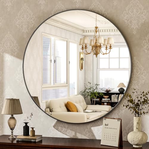 HARRITPURE 24 Inch Round Mirror Black Circle Bathroom Mirror | Modern Aluminum Alloy Frame Wall Mounted Vanity Mirror for Living Room, Bedroom, Entryway - color: Black, size: 24"L x 24"W