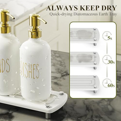 Cisily Kitchen Soap Dispenser Set Comes with Ceramics Sponge Holder, Gold Pumps, and Instant Dry Tray, Hand and Dish Soap Dispenser Set (4, Gold + White + Brush Holder) - color: Gold + White + Brush Holder