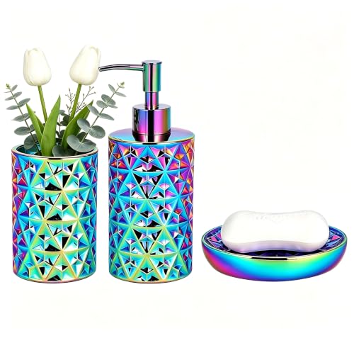 Rainbow Bathroom Accessories Set 3Pcs - Soap Dispenser, Soap Dish, Vase | Luxury Design Diamond Ceramic Bathroom Accessory Complete Set - Lotion Dispenser, Soap Dish,Vase for Countertop Vanity - color: Rainbow