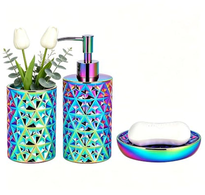 Rainbow Bathroom Accessories Set 3Pcs - Soap Dispenser, Soap Dish, Vase | Luxury Design Diamond Ceramic Bathroom Accessory Complete Set - Lotion Dispenser, Soap Dish,Vase for Countertop Vanity - color: Rainbow