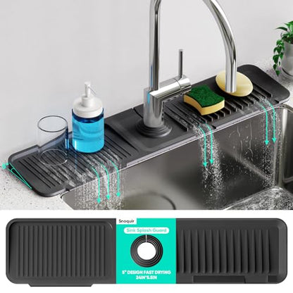 24 Inch Longer Faucet Mat for Kitchen Sink, 5° Slope Fast Self-draining, Kitchen Sink Splash Guard Silicone Sink Faucet Mat Splash Guard Kitchen Sink Area Tidy Splash Faucet Guard Draining Mat - color: Black, size: 24" x 5.5"