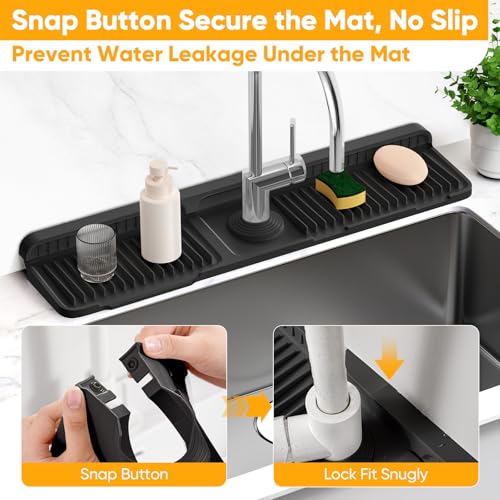 24'' Longer Faucet Mat for Kitchen Sink Splash Guard[7° Slope Fast Self-draining][Snap Lock Fit]Kitchen Sink Faucet Mat Splash Guard Kitchen Sink Area Water Splash Guard Behind Faucet Draining Mat - color: Black, size: 24" x 5.5"