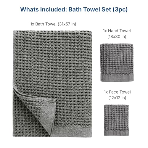ONSEN Supima® Waffle Bath Towel Set, Quick Dry Lint Free 100% USA Cotton, Bath Hand and Face Towel Bundle, 3 Piece (Cinder Grey, Bath Towel Set) - color: Cinder Grey, size: Bath Towel Set