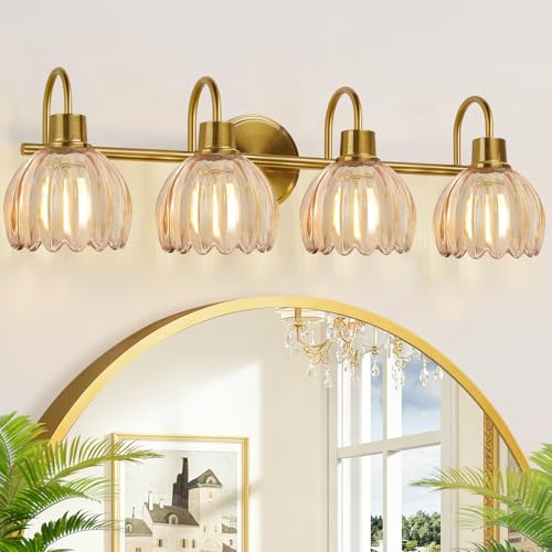 4-Light Bathroom Light Fixtures, 27" Brushed Gold Vanity Lights for Bathroom with Ribbed Amber Tulip Glass Shade, Vintage Bathroom Vanity Lighting Fixtures Over Mirror for Bedroom Living Room Hallway - color: Brushed Gold - Tulip Amber, size: 4-light