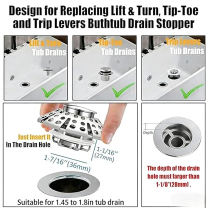 ADorCD Bathtub Drain Stopper with Hair Catcher, Pop Up Tub Stopper and Cover, Universal for 1.45 to 1.8in Drain, Chrome Silver, 0002