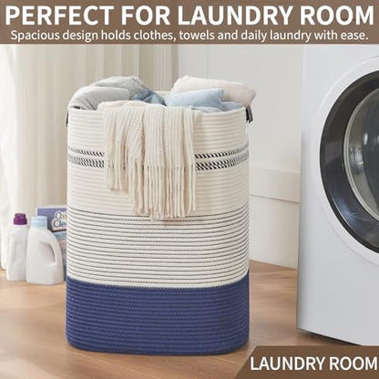 AINUOQI Large Laundry Basket - Tall Woven Rope Laundry Hamper with Leather Handles - Dirty Clothes hamper for Living room, Bedroom, 17" X 13.8" X 22", Dark Blue & White - color: Dark Blue & White, size: 85L