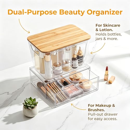 Trash Bag Dispenser Under Sink Organizer, Plastic Garbage Bag Holder with Bamboo Lid, Stackable Container for Dishwasher Pods & Laundry Pods, Kitchen Cabinet Pantry Laundry Room Organization Storage.