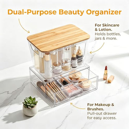 Trash Bag Dispenser Under Sink Organizer, Plastic Garbage Bag Holder with Bamboo Lid, Stackable Container for Dishwasher Pods & Laundry Pods, Kitchen Cabinet Pantry Laundry Room Organization Storage.