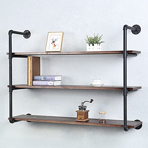 Industrial Pipe Shelves With Wood Planks,Rustic Pipe Shelving Wall Shelf | Metal Pipe Solid Pine Wood,Easy to Assemble,Wooden Board Thickness 0.78 In,For Bar Farmhouse Kitchen Office Bathroom,Bedroom - color: 3-layer, size: 48in
