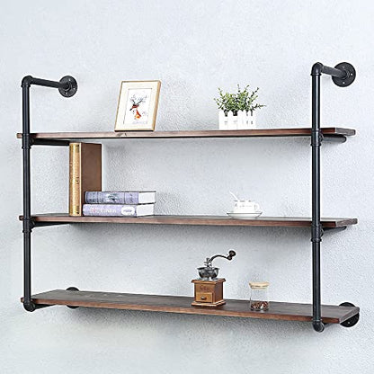 Industrial Pipe Shelves With Wood Planks,Rustic Pipe Shelving Wall Shelf | Metal Pipe Solid Pine Wood,Easy to Assemble,Wooden Board Thickness 0.78 In,For Bar Farmhouse Kitchen Office Bathroom,Bedroom - color: 3-layer, size: 48in