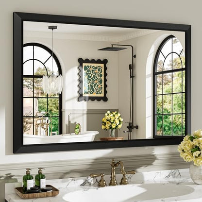 48x32 Inch Black Bathroom Mirror for Wall, Beveled Framed Rectangle Bathroom Vanity Mirrors for Over Sink, Bedroom, Living Room, Entryway, Anti-Rust, HD Tempered Glass, Horizontally/Vertically - size: 48"L x 32"W