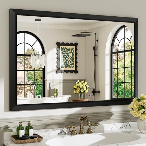 48x32 Inch Black Bathroom Mirror for Wall, Beveled Framed Rectangle Bathroom Vanity Mirrors for Over Sink, Bedroom, Living Room, Entryway, Anti-Rust, HD Tempered Glass, Horizontally/Vertically - size: 48"L x 32"W
