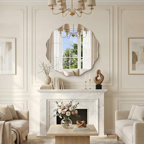CILIBER Wavy Mirror for Wall, 28'' Scalloped Frameless Round Mirror, 3mm Tempered Glass Decorative Bathroom Vanity Mirror, Mounting/Leaning for Mantel, Living Room, Bedroom and Entryway - size: 28"L x 28"W