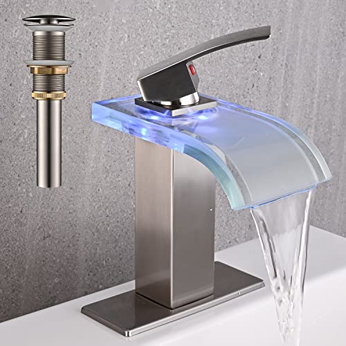AVSIILE LED Bathroom Sink Faucet, Brushed Nickel Waterfall Single Hole Handle Vanity Faucets for Sinks 1 Hole with Metal Pop Up Drain and 2 Water Supply Lines, Wide Glass Spout - color: Brushed Nickel