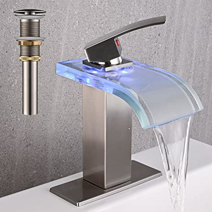 AVSIILE LED Bathroom Sink Faucet, Brushed Nickel Waterfall Single Hole Handle Vanity Faucets for Sinks 1 Hole with Metal Pop Up Drain and 2 Water Supply Lines, Wide Glass Spout - color: Brushed Nickel