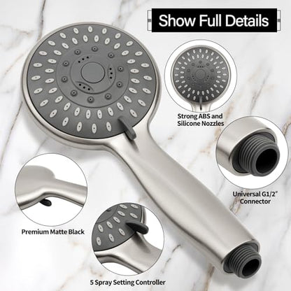 Handheld Shower Head High Pressure 5-Settings with Hose, Matte Black | Powerful Water Spray, Against Low Pressure Water Flow, 59 Inch Stainless Hose, Adjustable Mount - color: Brushed Nickel