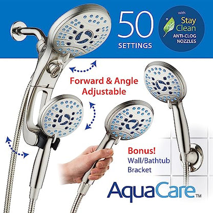 AquaCare 50-mode High Pressure Shower Head Combo with Arm & Dual Power Wash | Hygienic Jets, 2-mode Handheld Power Wash for Tub, Tile & Pets, Long 6 ft. Stainless Steel Hose, Extra Wall Bracket / Nickel - color: Satin Nickel, style: 2.5 Gallons Per Minute