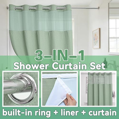 Conbo Mio No Hook Sage Green Waffle Weave Shower Curtain with Snap in Liner Set, Hotel Luxury Shower Curtains for Bathroom with See Through Top Window, Waterproof, Washable 71W x 74H - color: Sage Green Style, size: 71"W x 74"L (Pack of 1)