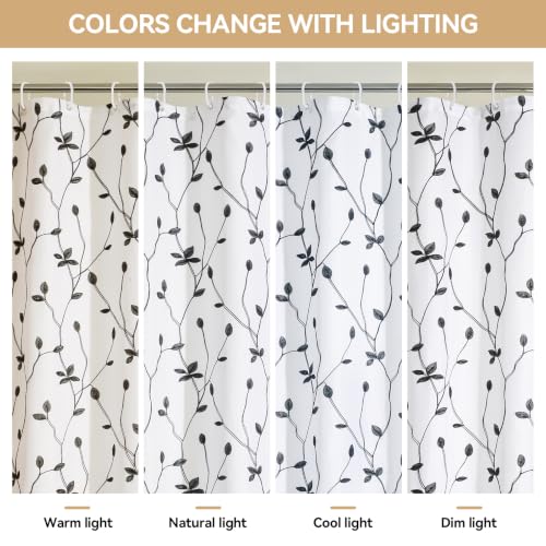 Embroidered Leaf Farmhouse Shower Curtain,Faux Linen,72Wx72L,White Black | Boho Modern Shower Curtain Set, Washable & Waterproof Fabric, Floral Shower Curtains for Bathroom with Hooks - color: White Black
