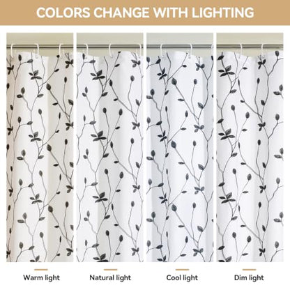 Embroidered Leaf Farmhouse Shower Curtain,Faux Linen,72Wx72L,White Black | Boho Modern Shower Curtain Set, Washable & Waterproof Fabric, Floral Shower Curtains for Bathroom with Hooks - color: White Black