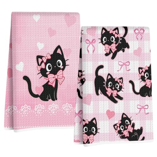 2 Pcs Pink Bow Cat Kitchen Towels 24x14 Inch, Cats Gifts Absorbent Reuse Hand Tea Towel Dish Cloths for Drying Dishes, Cats Waffle Dish Towels for Kitchen Home Decor, Cat Lover Gifts for Women Mom - color: Multi 1524
