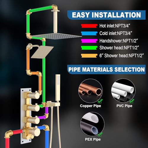 Enga Thermostatic Dual Head Shower System - 16"+6" Ceiling & Wall Mount Rainfall Showerheads, All Functions Simultaneous & Adjustable Volume, Brushed Gold - color: Brushed Gold, style: ‎16"+6" Head