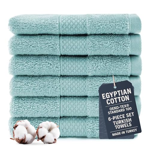 Maisonette Loft Egyptian Cotton Turkish Hand Towels - Soft, Absorbent Washcloths for Face - Ideal Quick Dry Small Towel Wash Cloth Set for Bathroom - (13" x 13", 6 Pack) - Turquoise - color: Turquoise, style: Washcloths Set of 6