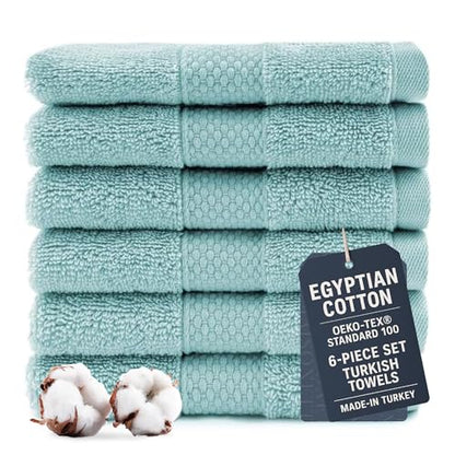 Maisonette Loft Egyptian Cotton Turkish Hand Towels - Soft, Absorbent Washcloths for Face - Ideal Quick Dry Small Towel Wash Cloth Set for Bathroom - (13" x 13", 6 Pack) - Turquoise - color: Turquoise, style: Washcloths Set of 6
