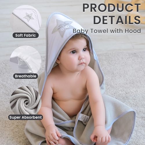 Softan Baby Hooded Towels and Washcloths Set 6 Pack, 28x28 Ultra Soft & Absorbent Baby Bath Towels for Newborn Infant Toddler, Unisex Boys Girls (Grey Star) - color: Gray Star