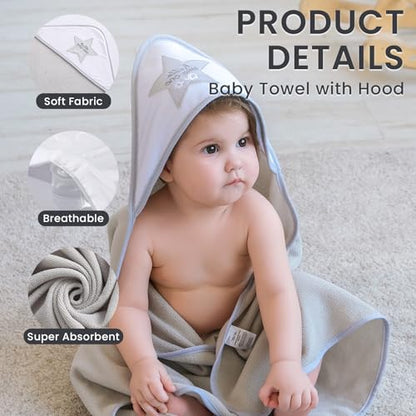 Softan Baby Hooded Towels and Washcloths Set 6 Pack, 28x28 Ultra Soft & Absorbent Baby Bath Towels for Newborn Infant Toddler, Unisex Boys Girls (Grey Star) - color: Gray Star