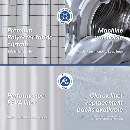 Clorox Bathroom Waffle Windowpane Pattern Shower Curtain with Waterproof Lightweight PEVA Liner Set, Standard Size, Metal Grommets, No Hooks 72" x 72" - 2 Pc Set - Navy Blue w Frosty PEVA - color: Navy Waffle Windowpane - Standard
