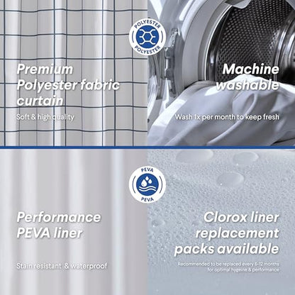 Clorox Bathroom Waffle Windowpane Pattern Shower Curtain with Waterproof Lightweight PEVA Liner Set, Standard Size, Metal Grommets, No Hooks 72" x 72" - 2 Pc Set - Navy Blue w Frosty PEVA - color: Navy Waffle Windowpane - Standard